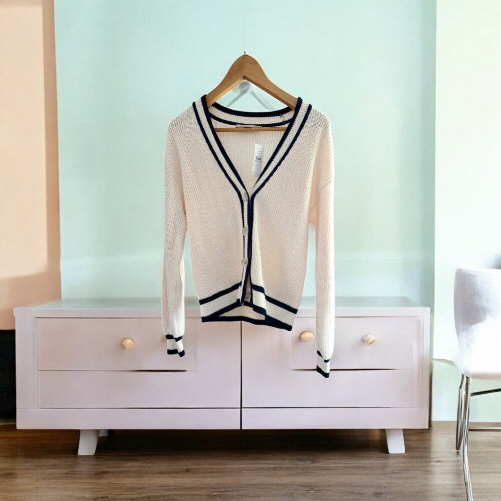 LOFT  V-Neck Cardigan blue and white maritime NWT cotton - Picture 4 of 5